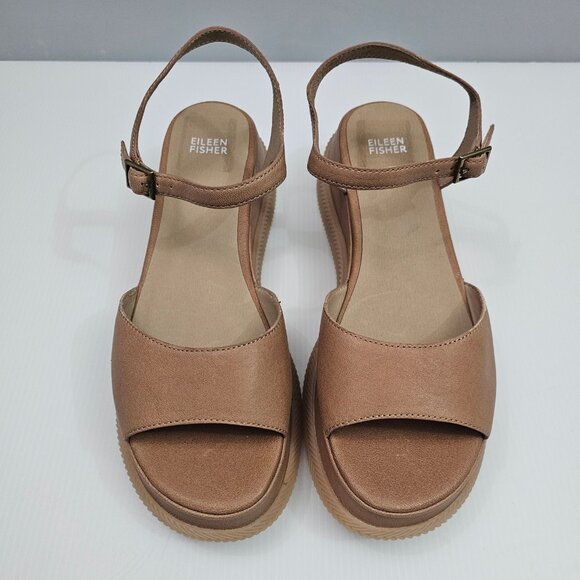 Eileen Fisher Airo Wedge Sandal Womens 9.5 Tan Leather Platform Ankle Strap NEW - Picture 4 of 14